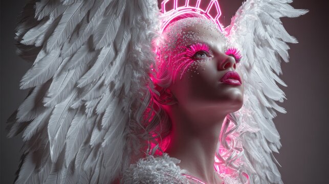 Woman with angel wings and glowing neon crown looking upwards
