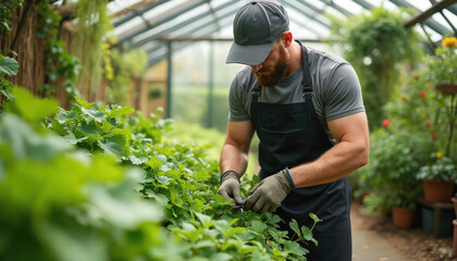 Man gardener with beard trims green plant in greenhouse. He wears apron and cap, works with scissors. Lush foliage indoors, cultivation, horticulture, organic farming.