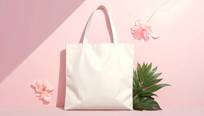 A clean, off-white tote bag stands gracefully against a soft pink backdrop, accentuated by gentle 