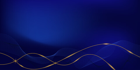 Dark blue luxury background with flowing blue and gold shining lines waves.