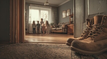 Home Sweet Home Concept with Family and Entrance Shoes