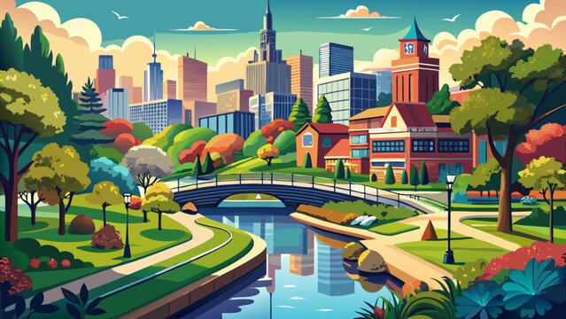 Very beautiful scenic view of Naperville, Illinois, USA, showcasing the riverwalk, lush parks, and vibrant urban landscapes, blending natural beauty with modern city architecture along the waterfront.