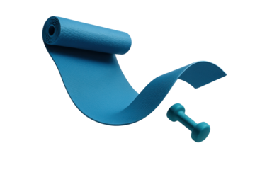 A bright blue rolled bandage and a teal dumbbell are isolated on a stark black background, symbolizing sports, fitness, and medical care.
