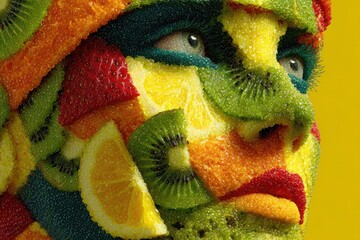 Obraz premium Colorful Fruit Mosaic Face Concept Art on Yellow Background. A surreal portrait of a human face made entirely from layered slices of kiwi, oranges, strawberries, lemons, and exotic fruit.