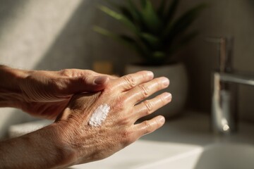 Close-up of hands applying rich beef tallow cream on dry skin in minimalistic home bathroom with soft natural light