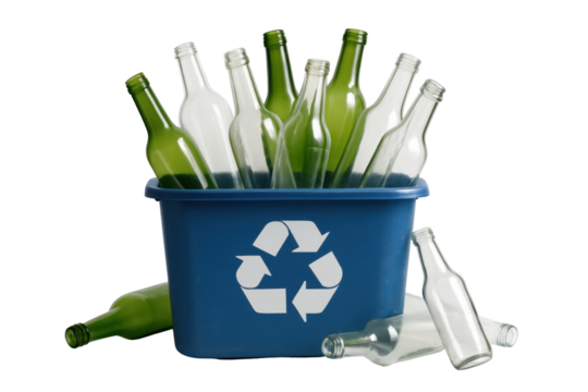 A blue recycling bin with the universal recycling symbol is overflowing with clear and green glass bottles. Several more bottles lie scattered around the base of the bin on a transparent background.