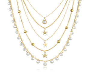 Realistic 3D Layered Gold Necklaces with Pearls and Charms on White Background, Luxury Jewelry