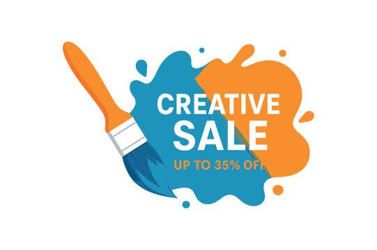 Flat vector banner design art brush and paint splash background text CREATIVE SALE subtext UP TO 35% OFF blue and orange tone isolated on white marketing approved bright palette with