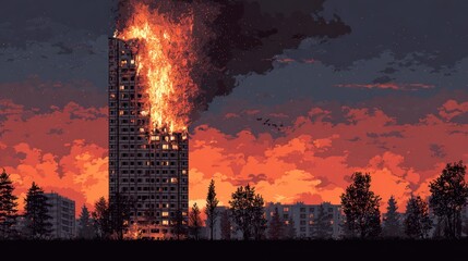 Burning high rise building silhouette at sunset or sunrise with vibrant colors