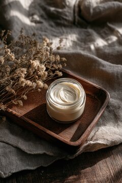 Minimalist scene with open jar of beef tallow cream on wooden tray linen cloth and dried herbs natural beauty product