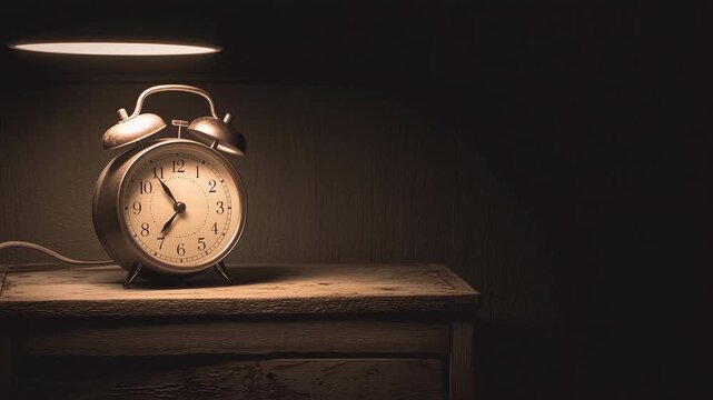 Vintage alarm clock bedside lamp wooden nightstand soft warm light early morning analog retro decor nostalgic mood quiet ambiance illuminated glow
