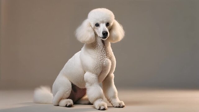 Elegant white poodle sitting gracefully against a neutral backdrop