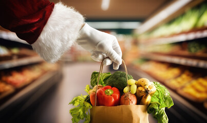 Santa's hand holding a bag full of food in supermarket
