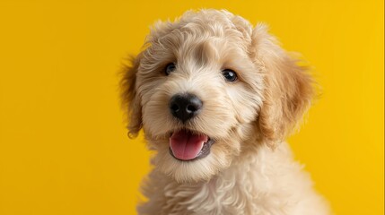 Happy puppy with fluffy fur posing against a bright yellow background