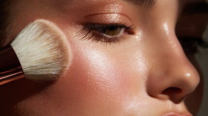 Makeup application showcases glowing skin and detailed brush technique during beauty session