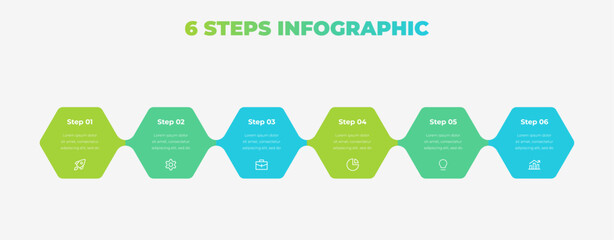 Hexagon Process Infographic with 6 Steps. Gradient Green and Blue Vector Diagram for Business Presentation, Strategy, and Workflow Design