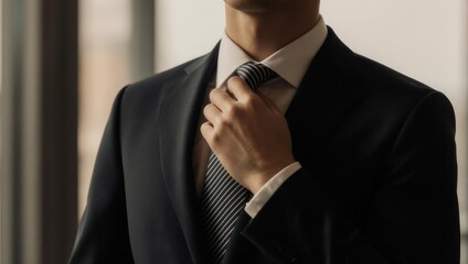 Man in Suit Adjusting Tie - A Study in Professionalism and Style.