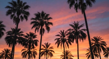 Silhouetted palms against vibrant sunset sky with fiery orange, pink, and purple hues