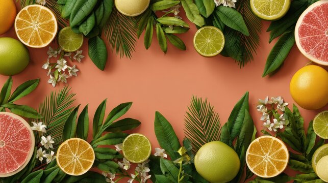 Elements of Sukkot arranged in ultra realistic top down view showcasing fruits, leaves, and flowers against a colorful backdrop