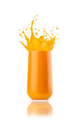 Fresh mango juice, bright flying splashes of juice in glass, closeup, isolated on white background. Healthy organic drink for detox diet menu, fitness food advertising, organic cuisine or restaurant.