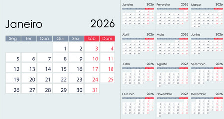 Fototapeta na wymiar Clean Minimalist 2026 Yearly Calendar Grid Layout, on Portuguese language