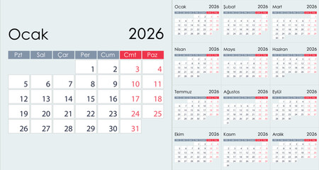 Clean Minimalist 2026 Yearly Calendar Grid Layout, on Turkish language