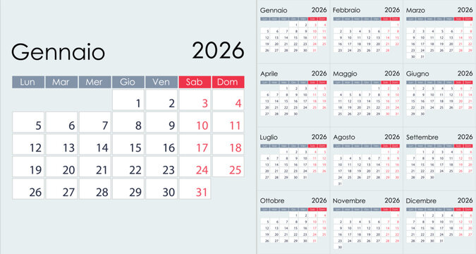 Clean Minimalist 2026 Yearly Calendar Grid Layout, on Italian language