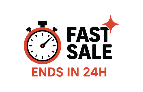Flat vector banner design stopwatch and spark icon near text FAST SALE subtext ENDS 24H red and black palette isolated on white marketing approved bright palette with balanced saturation