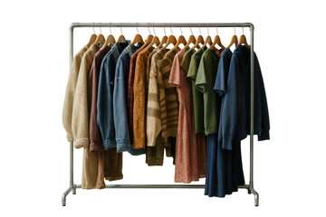 A selection of various clothing items in neutral tones hanging on a metal garment rack against a transparent background. Includes sweaters, shirts, dresses, and jackets.