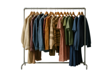 A selection of various clothing items in neutral tones hanging on a metal garment rack against a transparent background. Includes sweaters, shirts, dresses, and jackets.