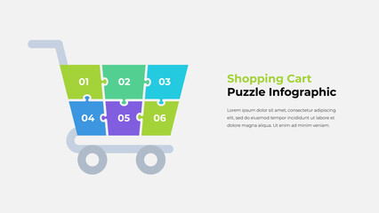 Shopping Cart Puzzle Infographic. Six Steps Vector Diagram for Business Marketing, Retail Strategy, and E-commerce Presentation Design