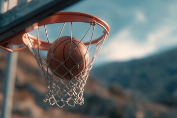 Fototapeta premium Dynamic action of ball swishing through basketball net, outdoor court setting, illustrating victory and team sports themes