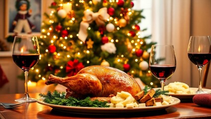 Celebrate Christmas dinner with wine and turkey