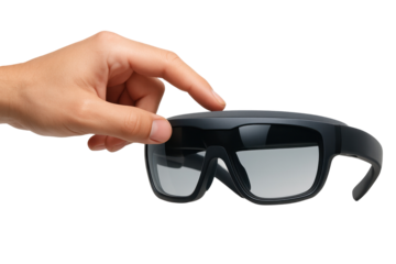 Hand Touching Futuristic Virtual Reality Goggles on Transparent Background