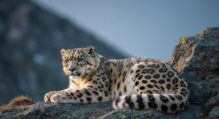 Fototapeta premium Snow leopard rests on a rocky outcrop with a hazy mountain backdrop
