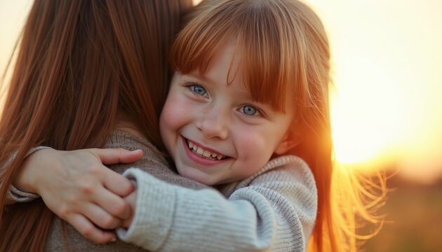 Young daughter embraces mom in golden sunset light outdoors. Happy child holds mother tightly, feeling loved and safe. Warm family bond outdoors during magic hour.