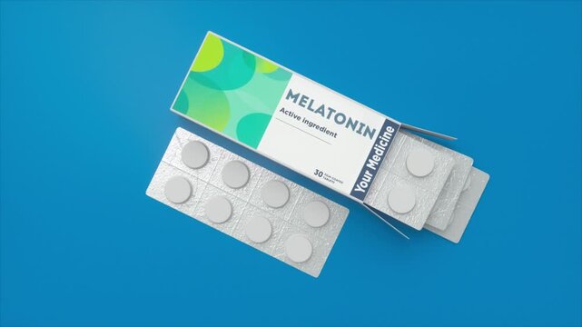 Melatonin Supplement Package With Blister Tablets on Blue Background