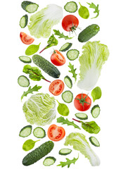Fresh organic vegetables as DNA spiral shape. Salad ingredients - green chinese cabbage, tomatoes, leafy greens, cucumbers fly or fall as flow, isolated. Ideal for healthy eating, diet menu, detox.