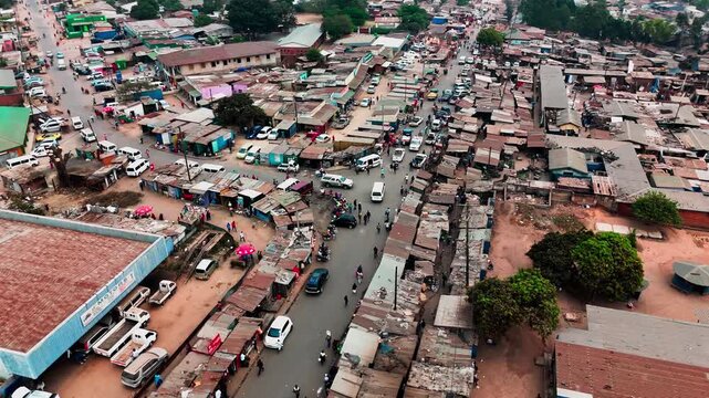 Aerial view of busy market street in Malawi