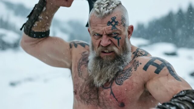 Powerful ancient warrior, a fierce Norseman with a long braided beard and many tribal tattoos. He holds a massive double bladed axe, standing in a cold snowy forest.