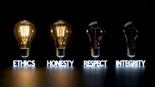 Illuminated light bulbs symbolize ethics, honesty, respect, and integrity against a black background