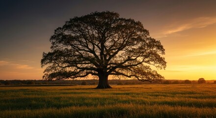 Obraz premium Solitary majestic tree in a field at sunset