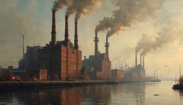 Large brick factories with tall chimneys release smoke into sky over river. Industrial buildings line waterfront. Ships docked, moving on water. Scene evokes sense of historical industry, urban
