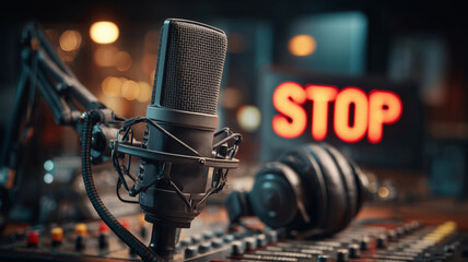 Professional radio studio setup with a microphone and headphones in use