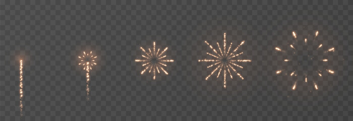 Stages of a golden fireworks explosion. Fireworks PNG. Festive background.