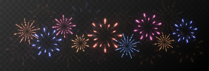 Festive multicolored fireworks PNG. Exploding various fireworks on a transparent background. Festive background.