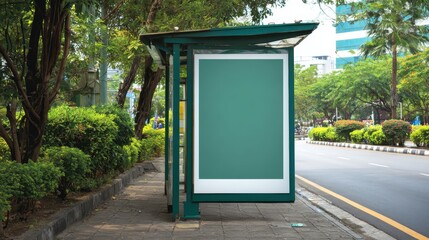 Blank advertising billboard mockup located on a street corner surrounded by trees and greenery, providing an ideal space for promotional content during daytime