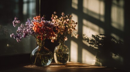Floral still life featuring colorful dried flowers in glass vases