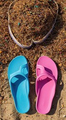 Colorful, dry foliage piles high over bright beach footwear, marking the seasonal conclusion and storage for the coming year ,goodbye ,leaves ,heap