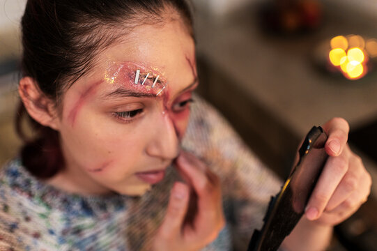 Detailed view of creative prosthetic makeup for Halloween look